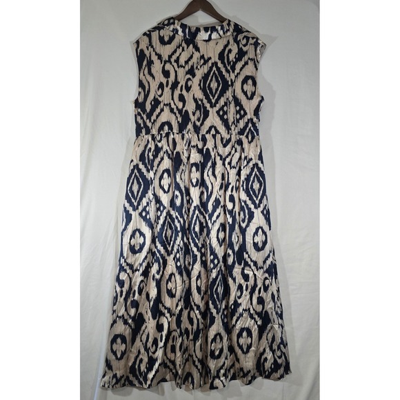 Spartina 449 Silk Maxi Dress Ikat Print Sleeveless V-Neck Beige Navy XXL - Picture 10 of 12